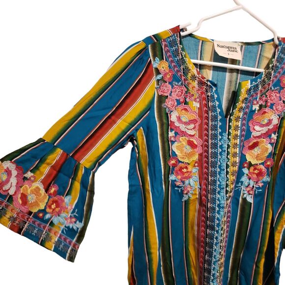 Savanna Jane Size Small Serape Stripe Embroidered Bell Sleeve Boho Tunic Blouse - Picture 6 of 9